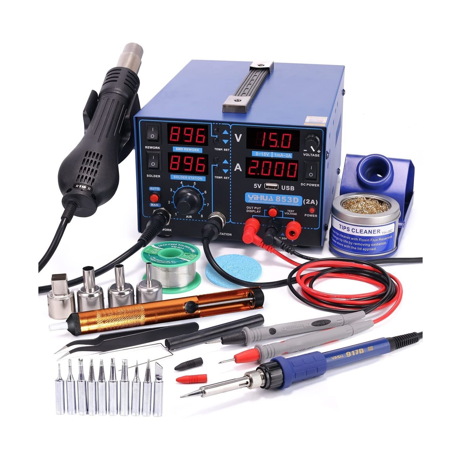 YIHUA 853D 2A USB SMD Hot Air Rework Soldering Iron Station, DC Power Supply ...