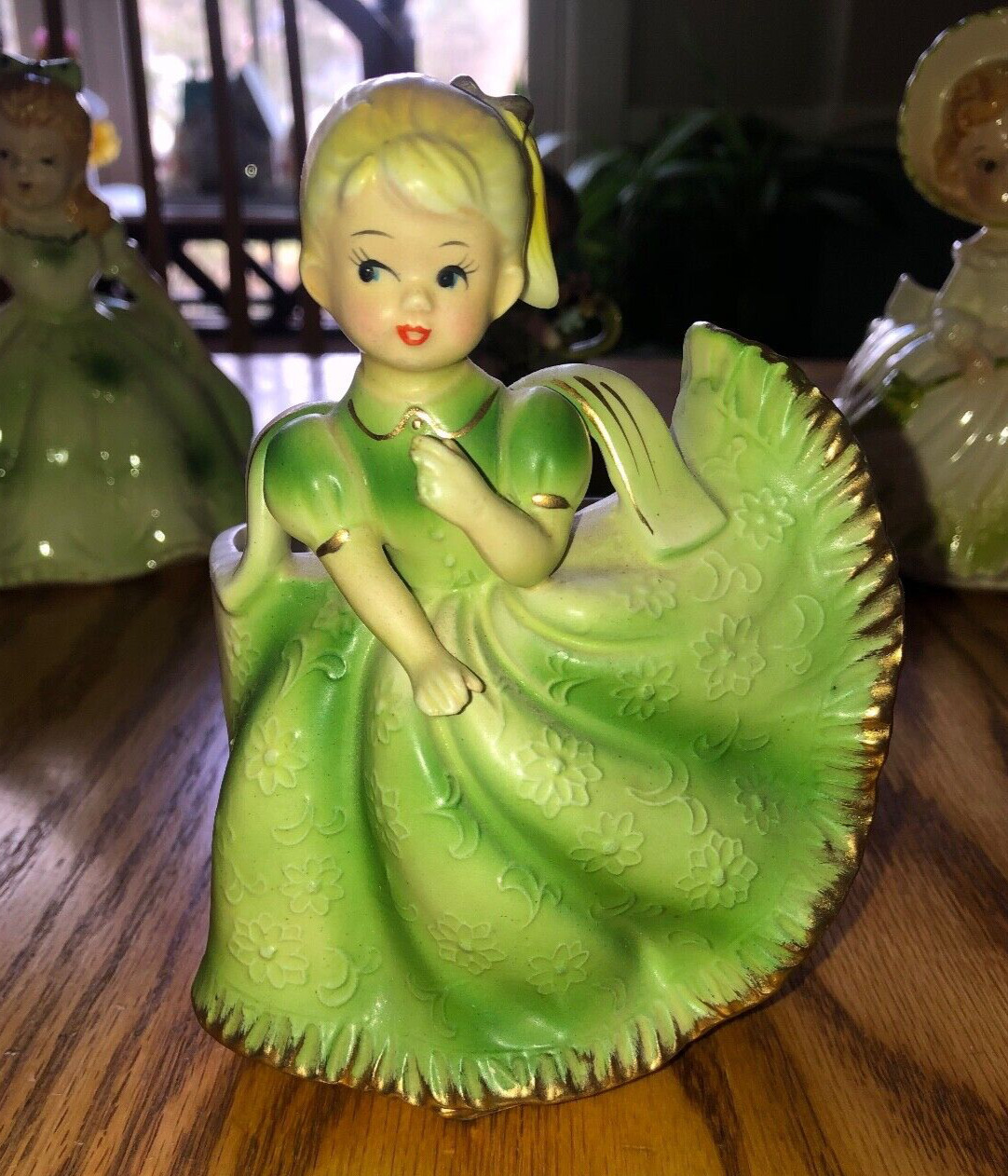 Vintage Rubens 464M Green Girl Ceramic Planter in Ruffled Dress and Hair Bow