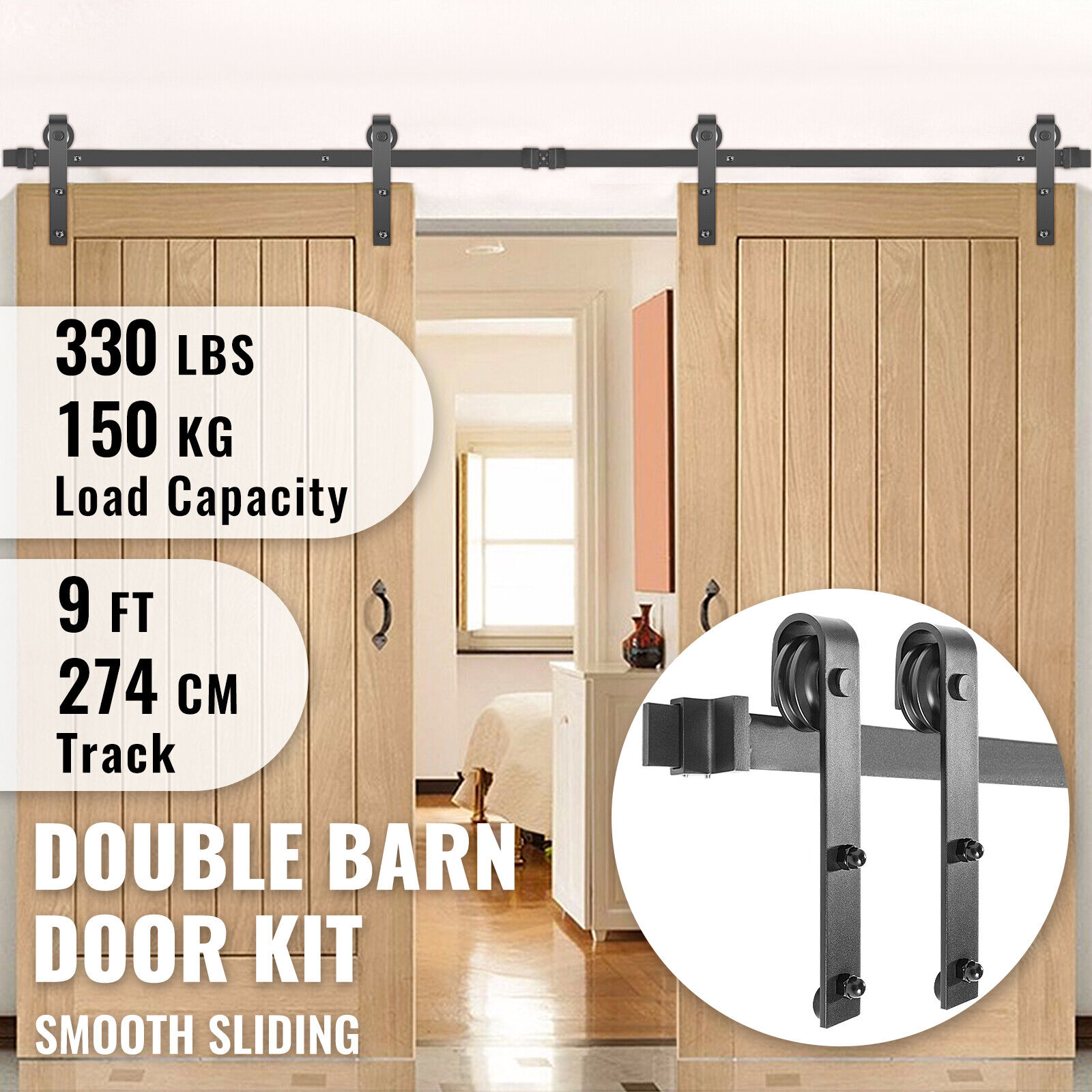 VEVOR Barn Door Hardware Kit Barn Door Kit 9 FT Carbon Steel for Double Doors