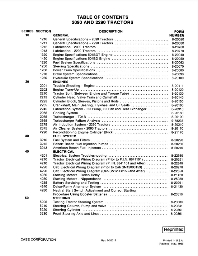 Case 2090 2290 Tractor Complete Service Manual Repair Manual 8-20000 PDF/USB