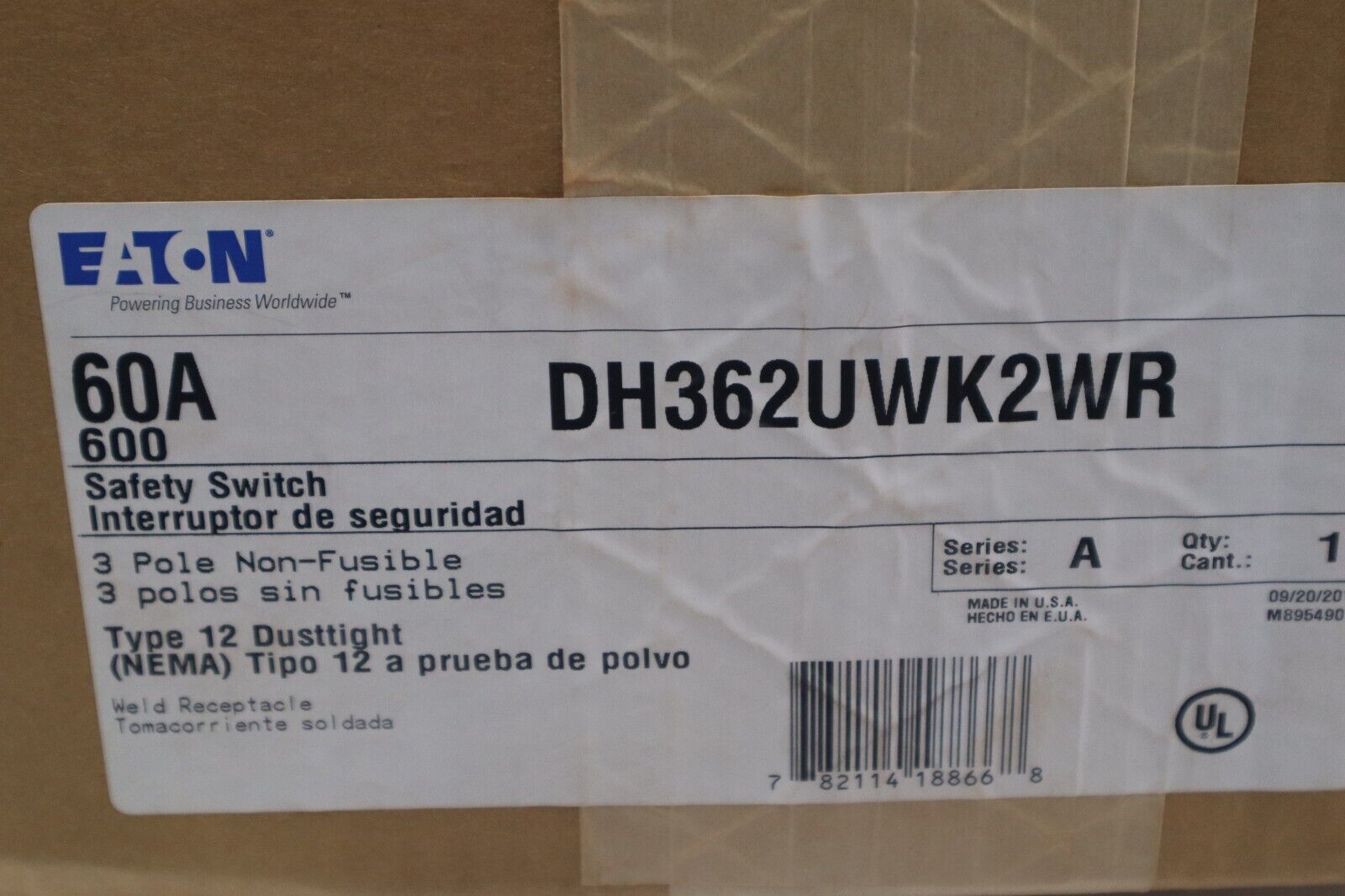 NEW Eaton DH362UWK2WR 60A/3P HD NON-FUSIBLE SAFETY SWITCH W/CROUSE STOCK W-73