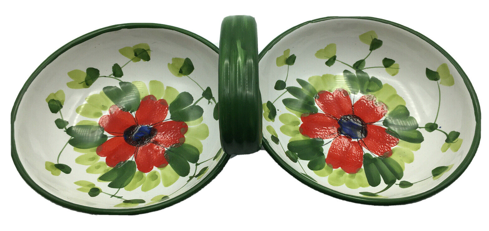 Italian Hand Painted Poppies Dual Bowl 2 Section Stoneware Serving Dish Handle