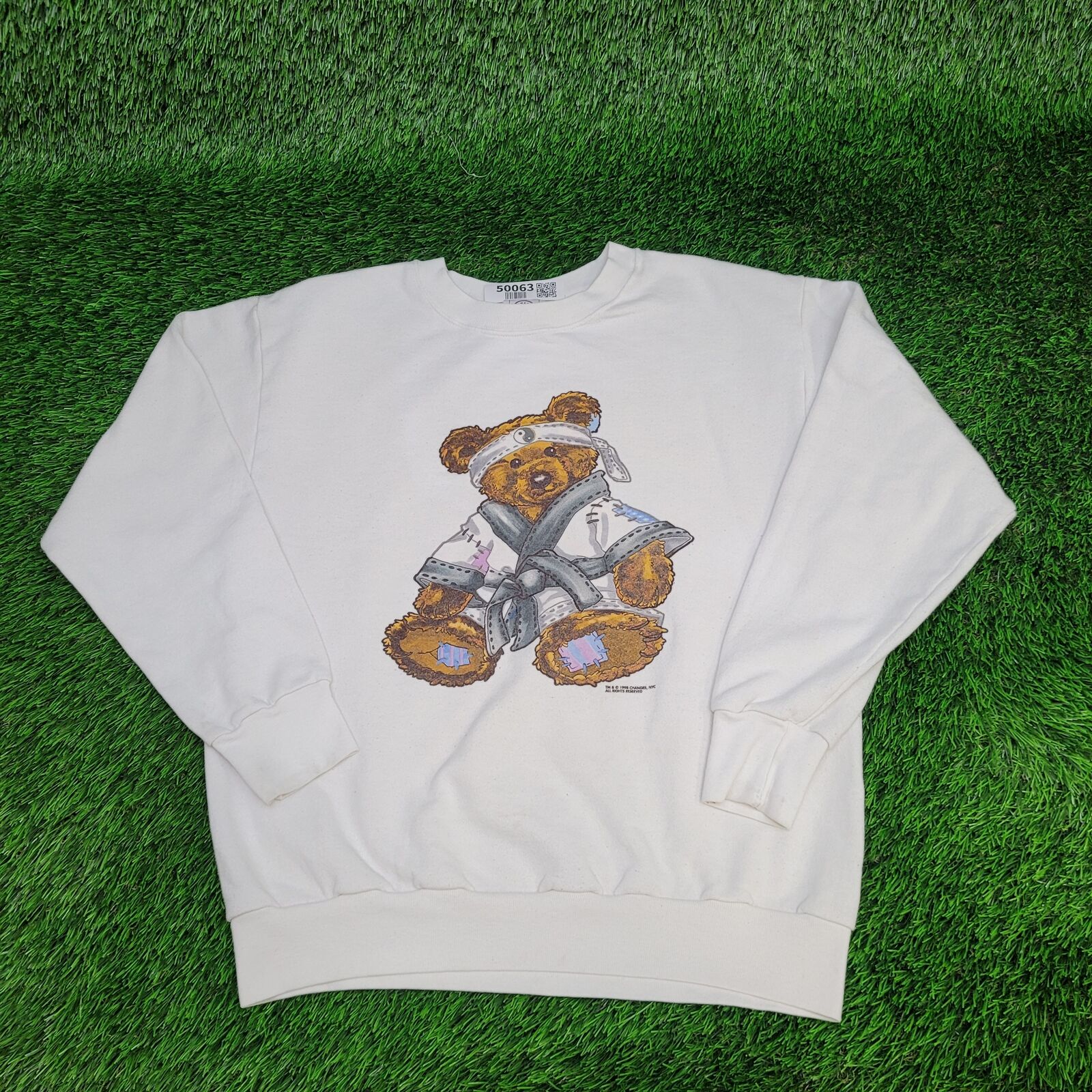 Vintage 1998 Cute Adorable Karate Teddy Bear Sweatshirt L White Happy-Teddies