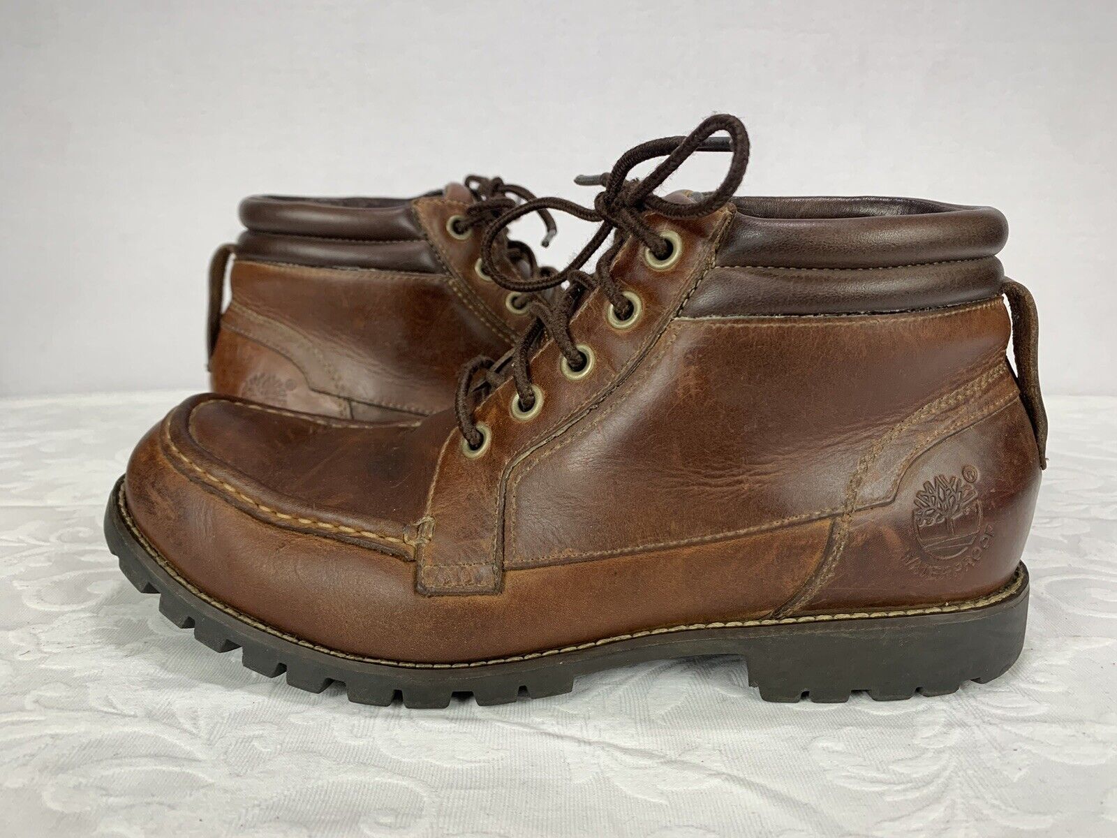 Timberland Brown Leather Earth Boots Waterproof 10 M #74132 Chukka No Liners