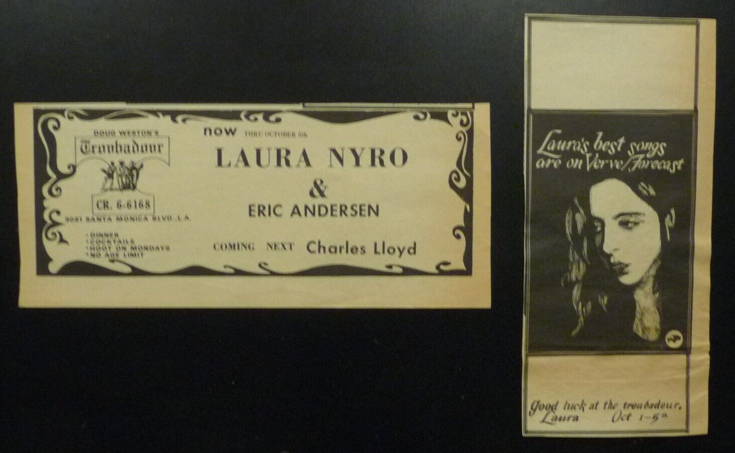 2 LAURA NYRO Newspaper Mini Poster Concert Ads 1969 Troubadour + Whisky A Go Go