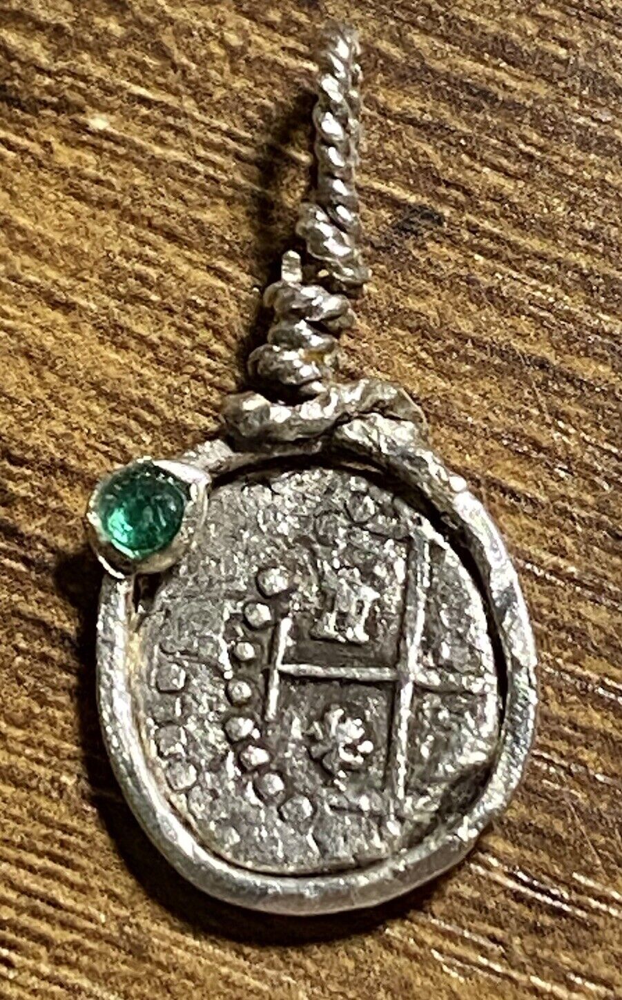 Authentic Spanish-Colonial Half-Real Silver Treasure Cob Coin Pendant w/ Emerald