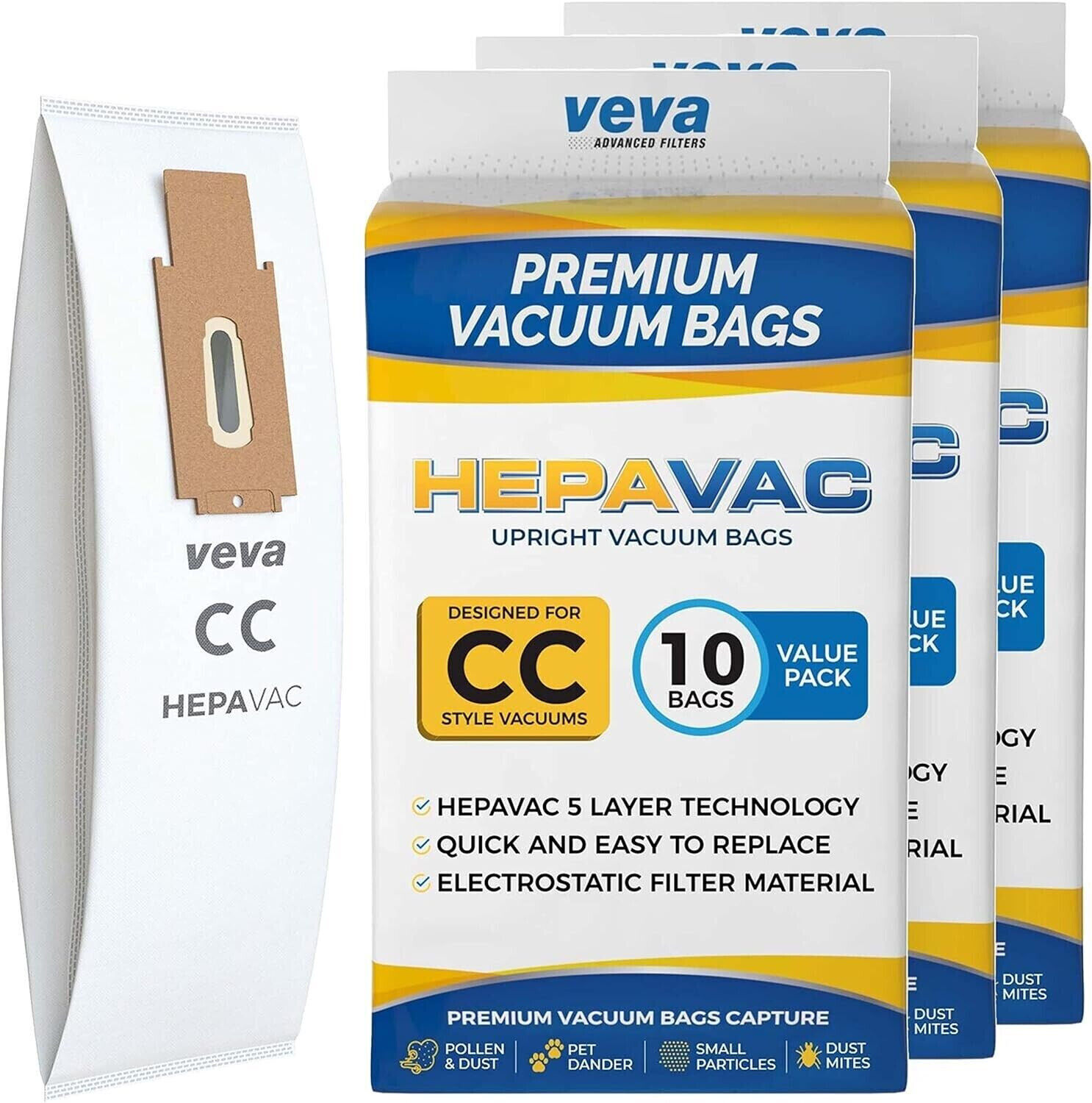VEVA Premium HEPA Vacuum Bags Style CC Model XL5, XL7, XL21, 2000, 3000 Lot Of 3