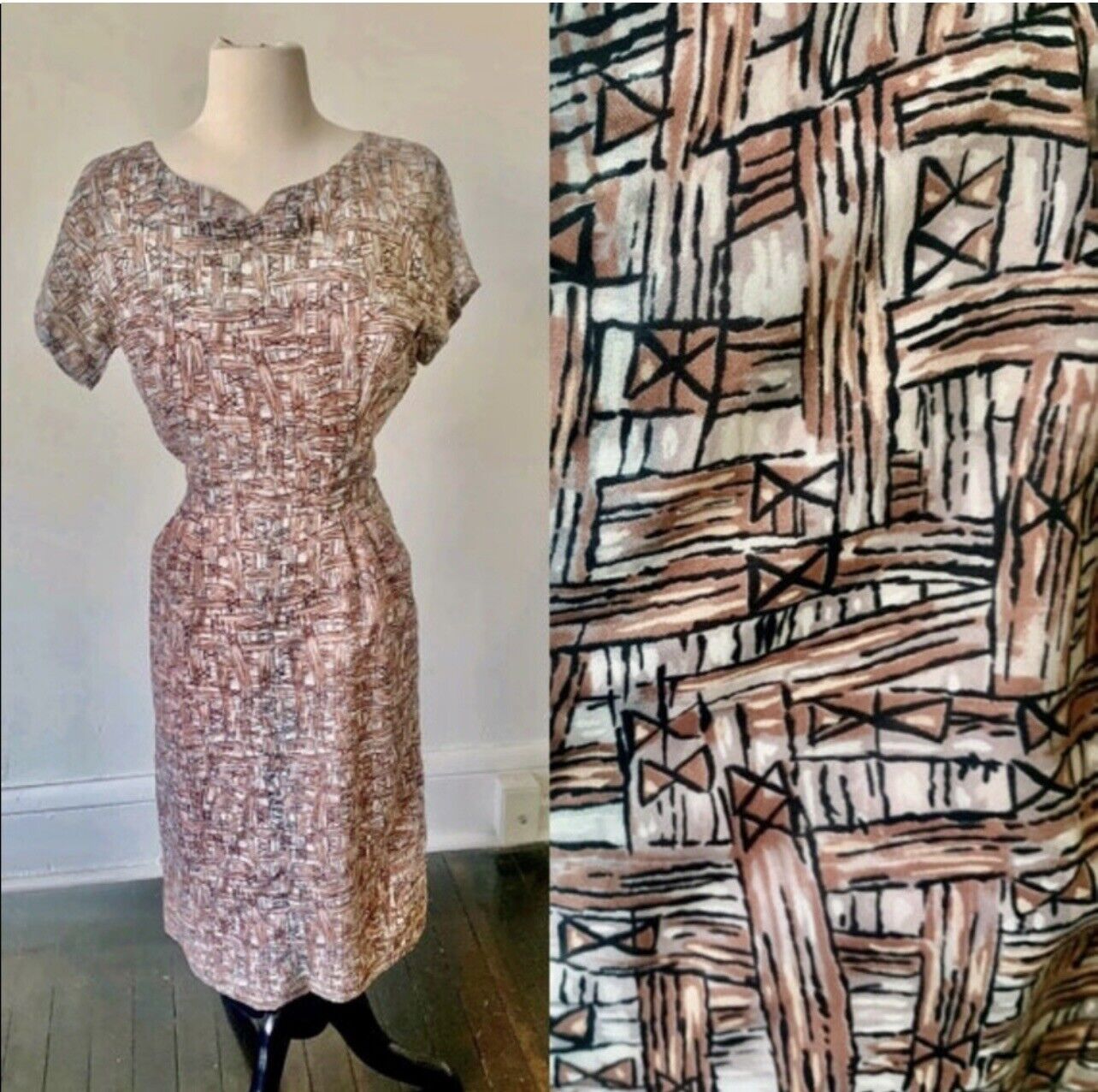 Vintage Mid Century Modern 1950\'s Bow Tie Print Midi Dress 50’s Pink Dress