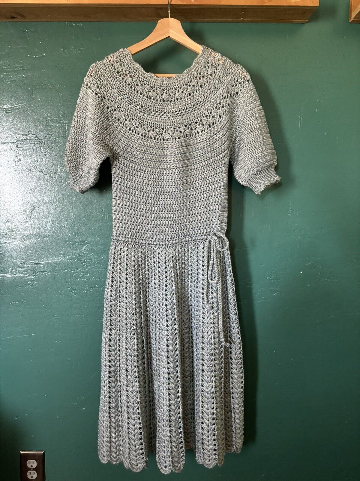 Vintage 1930’s  Style Hand Knit Dusty Blue Crochet Dress
