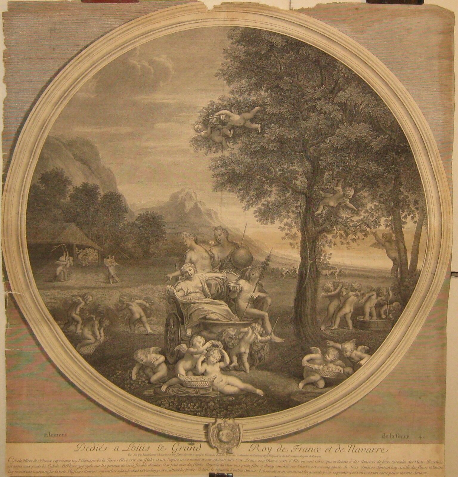 Antique 1695 ETTIENE BAUDET \'Elements of Earth\' Engraving - Bacchus Ceres Flora