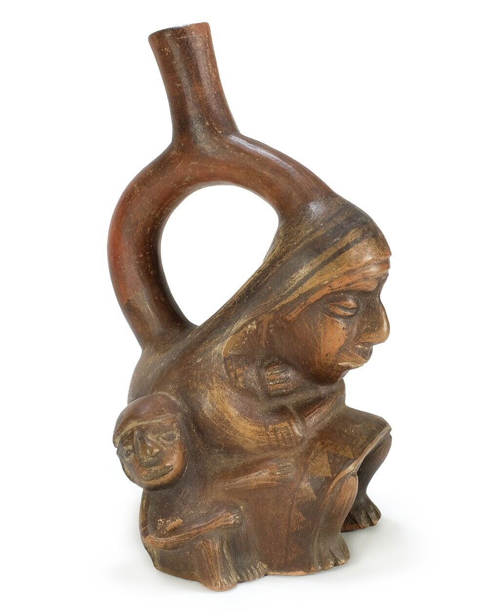 Beautiful Pre-Columbian Moche Peru Stirrup Spout Vessel – Woman & Child