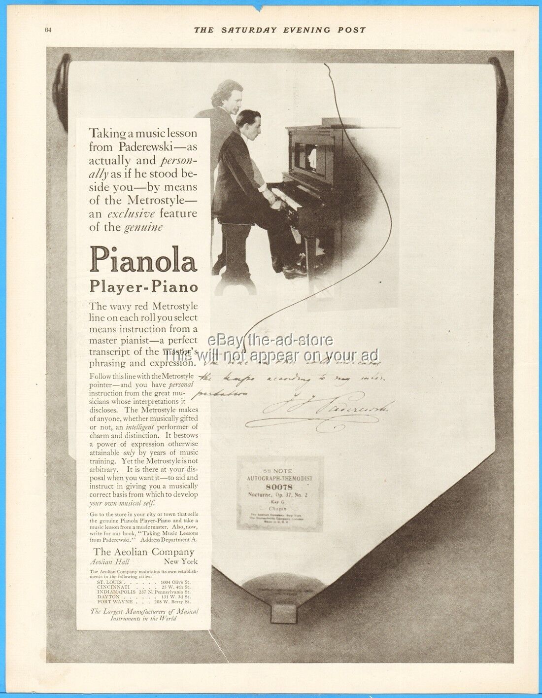 1913 Ignacy Jan Paderewski Aeolian Pianola Player Piano Music Roll Vintage Ad