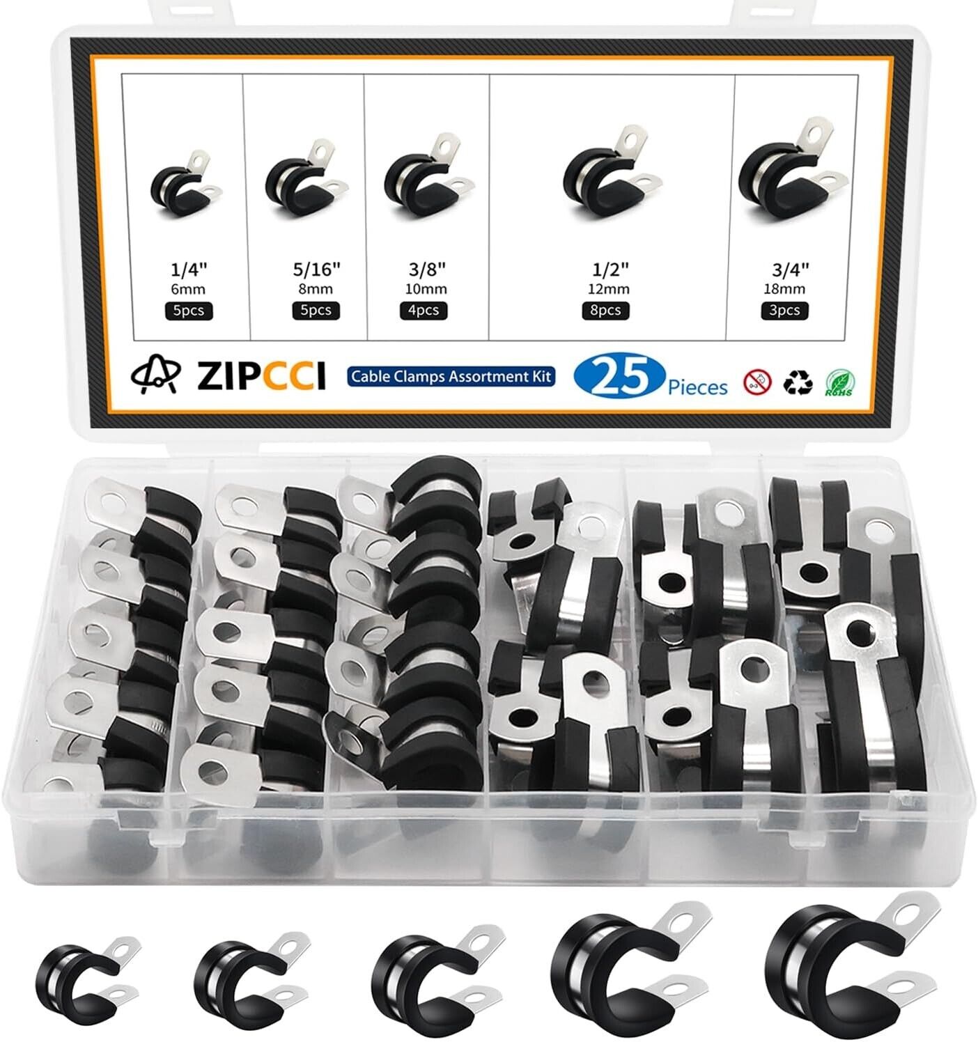 Cable Clamps Assortment Kit, 25 Pack Stainless Steel Rubber Cushion Pipe Clips