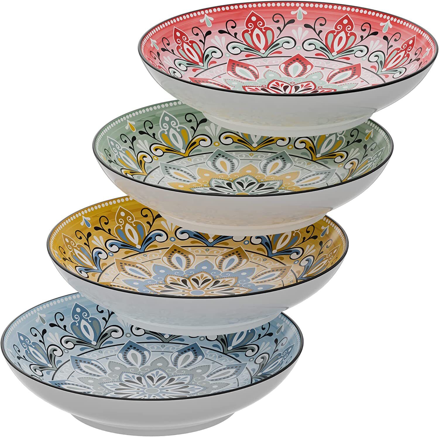 American Atelier Pasta Bowls | Set of 4 Large - Assorted Colors Medallion Motif