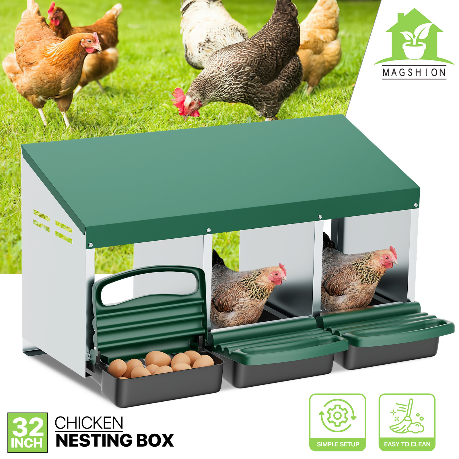 3 Holes Chicken Nesting Box Poultry Perch Brooding Box Eggs Automatic Collection