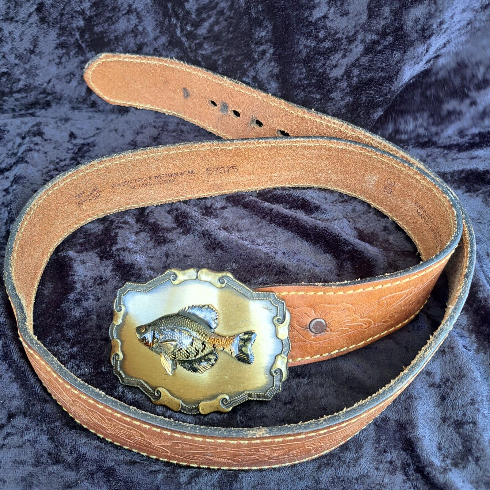 RAINTREE Vintage Bass Buckle Cowhide Leather Belt - Size 38 Hand Finished
