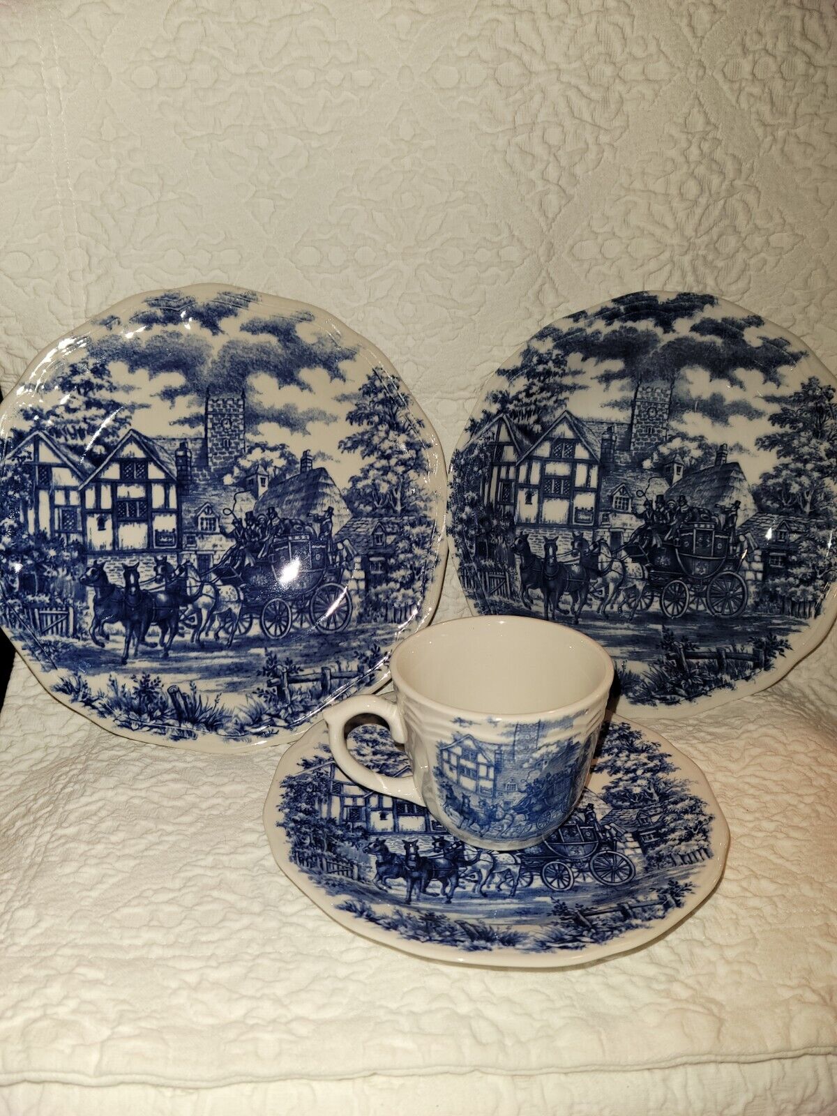 Oxford Vitramik Stagecoach Pattern. Four piece setting. Blue and White in Color