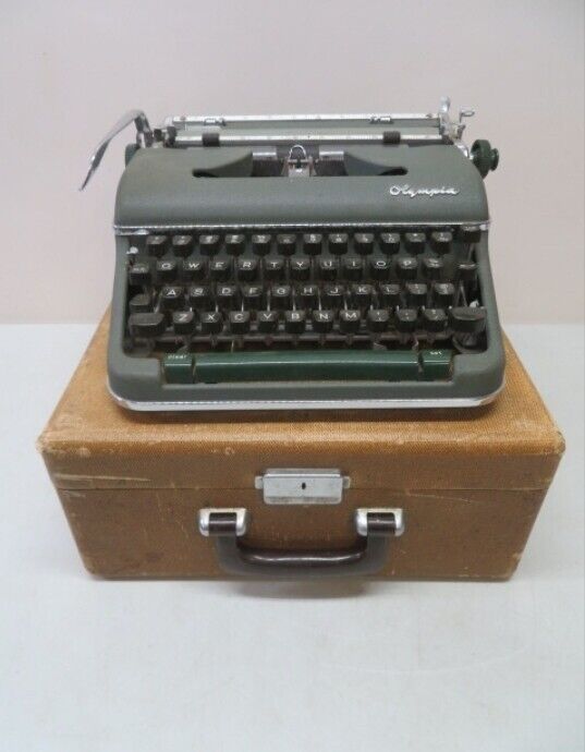 Vintage 1950s Olympia Olive Green Typewriter in Case - Not Working 