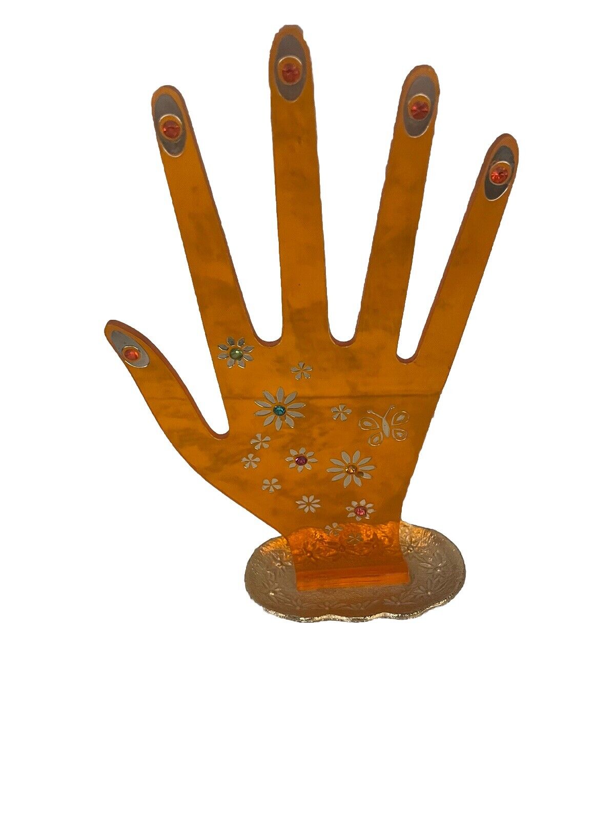 VINTAGE 1960s Orange Bejeweled Lucite Display Hand Ring Holder Jameco Metal Base