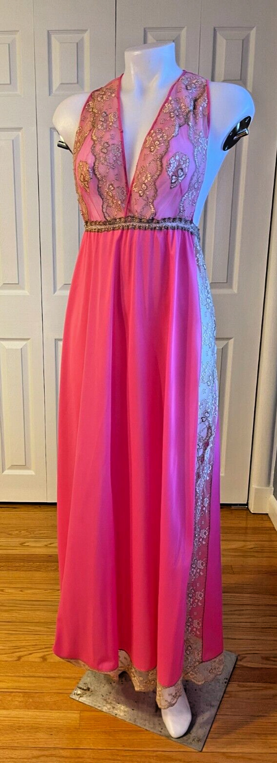 Vintage Glydons of  Hollywood FUCHSIA Plunge Front V NECK LONG NIGHTGOWN-SZ S