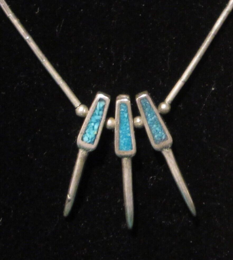 VTG Native American Silver Turquoise Inlay 3 Bear Claw (Eagle?) Necklace