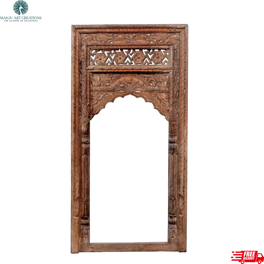 Antique Rajasthani Style Hand-Carved Wooden Jharokha Wall Decor