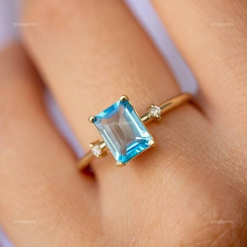 Natural Swiss Blue Topaz 10k Yellow Gold Statement Ring Size 6 For Girls