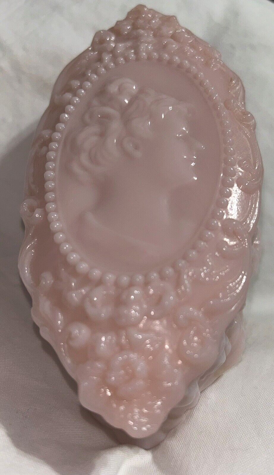 Vintage 1950s Fostoria Jenny Lind Cameo Rare Pink Milk Glass Vanity Trinket Box