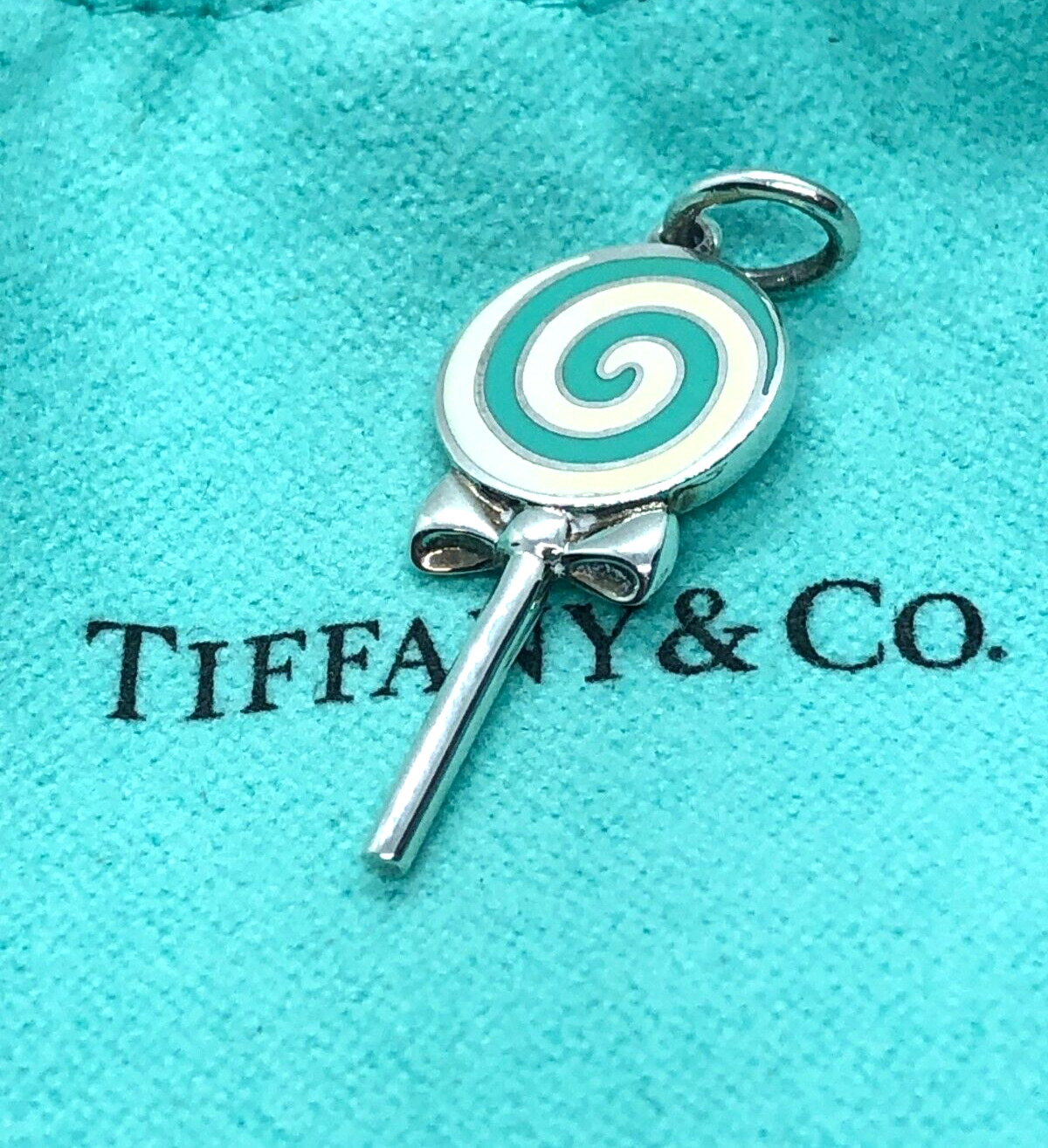 Tiffany & Co. Lollipop Blue Enamel Pendant Charm Sterling Silver Pouch