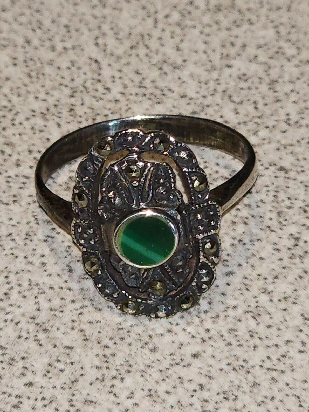 Vintage Marcasite and Green Onyx Sterling Silver Ring, Size 7.75, Imported from