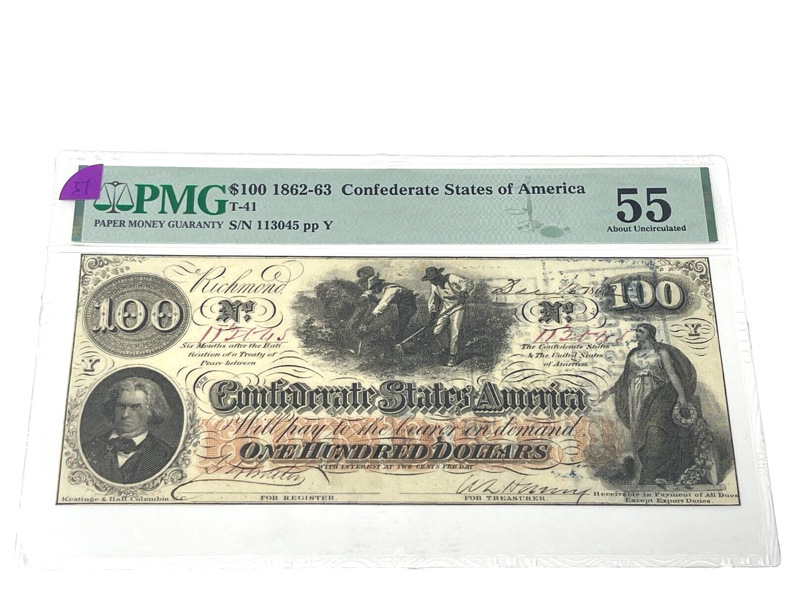 1862-63 - US, 100 Dollars, Confederate States of America, PMG 55 About Unc (#37)
