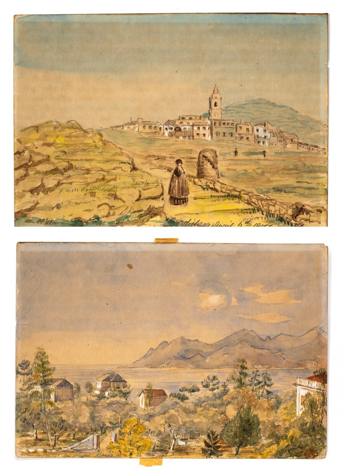 19th Century Watercolor Landscapes, French Village Scenes