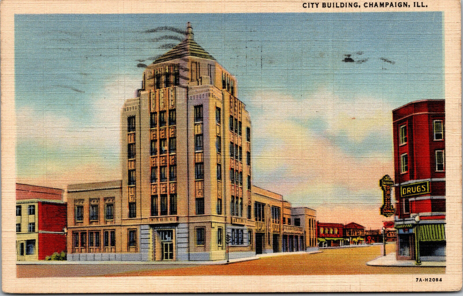 Vtg Champaign Illinois IL City Building Drugstore Street View 1930s Postcard