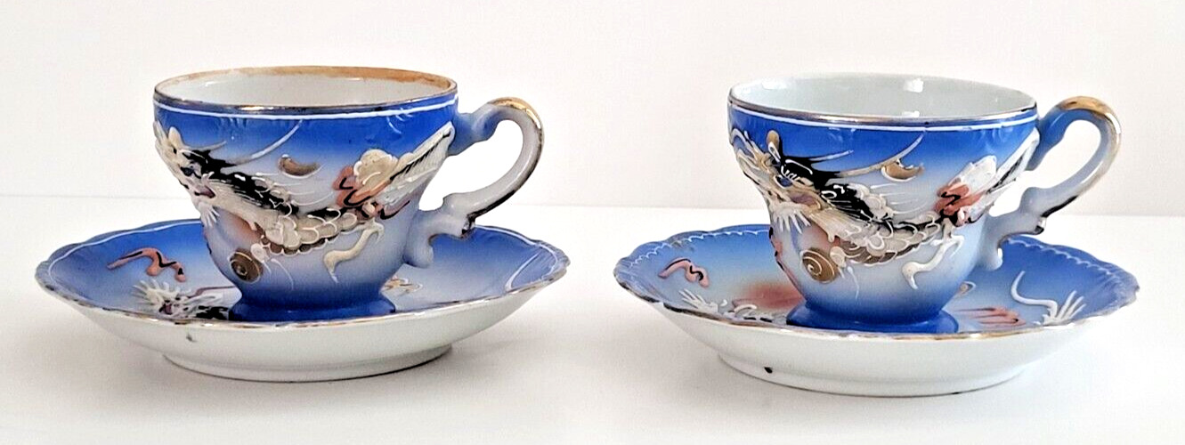 Blue Dragon Ware Moriage Demitasse Cups and Saucers (Set of 2) Vintage 1940\'s