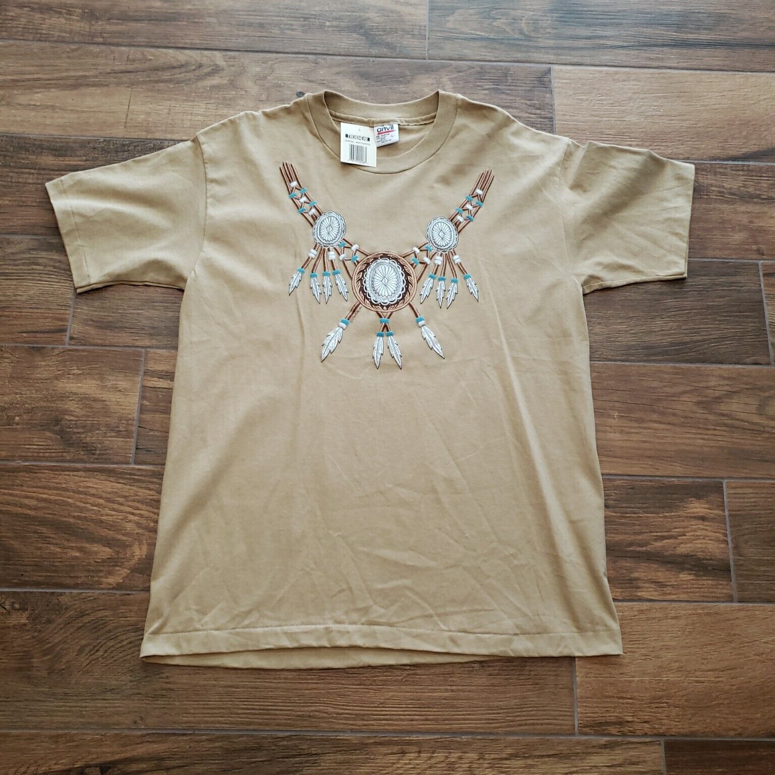 Vintage T Shirt Mens Large Tan Anvil Single Puff Paint Native American Southwest