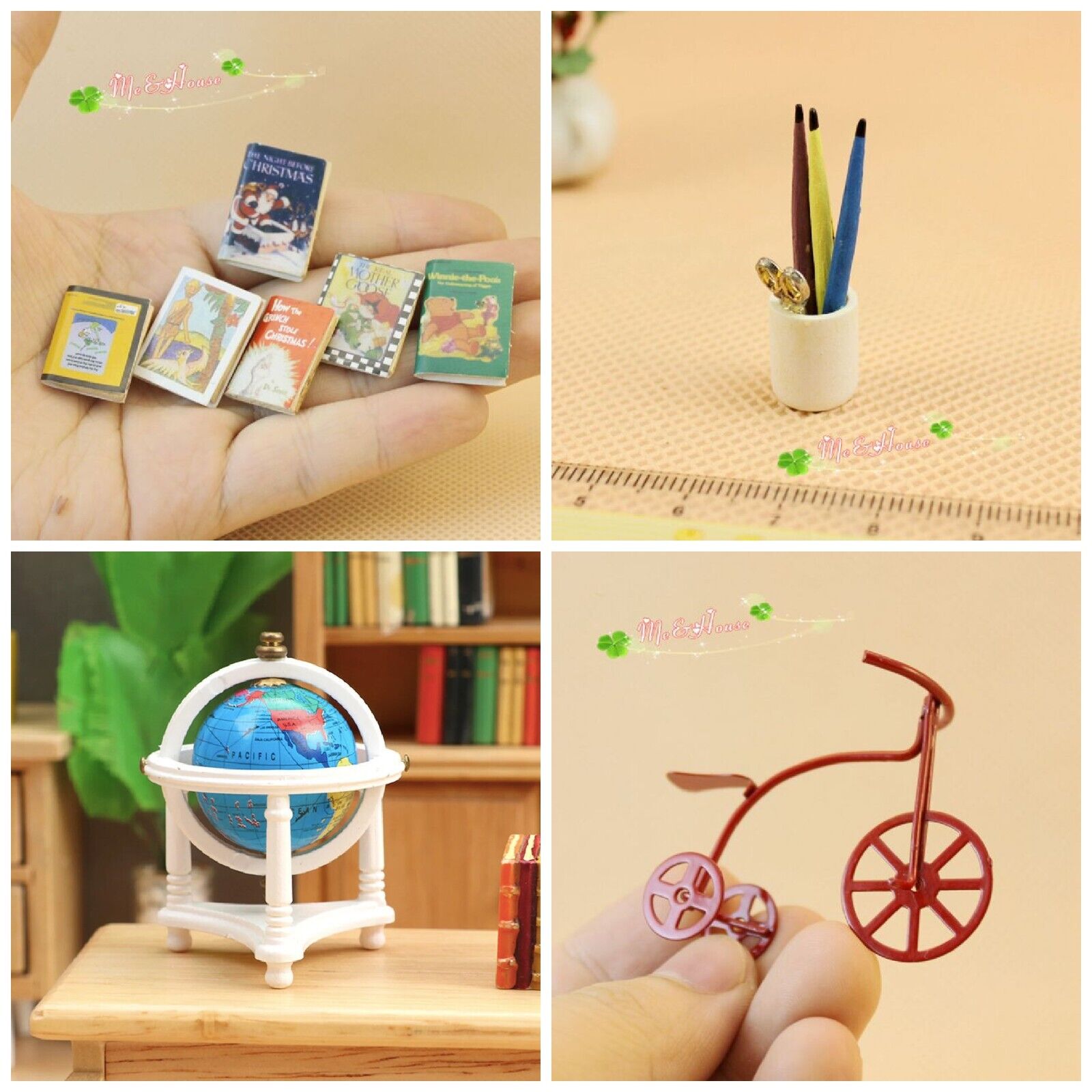 (Bundle 4) 1:12 scale Dollhouse Miniatures books pen holder bike globe map