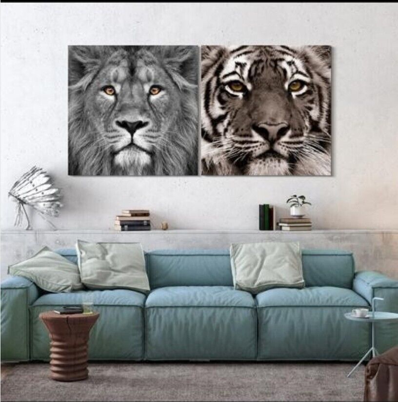  LION & TIGER Glass Wall Art Printed on Frameless Free Floating Tempered glass 