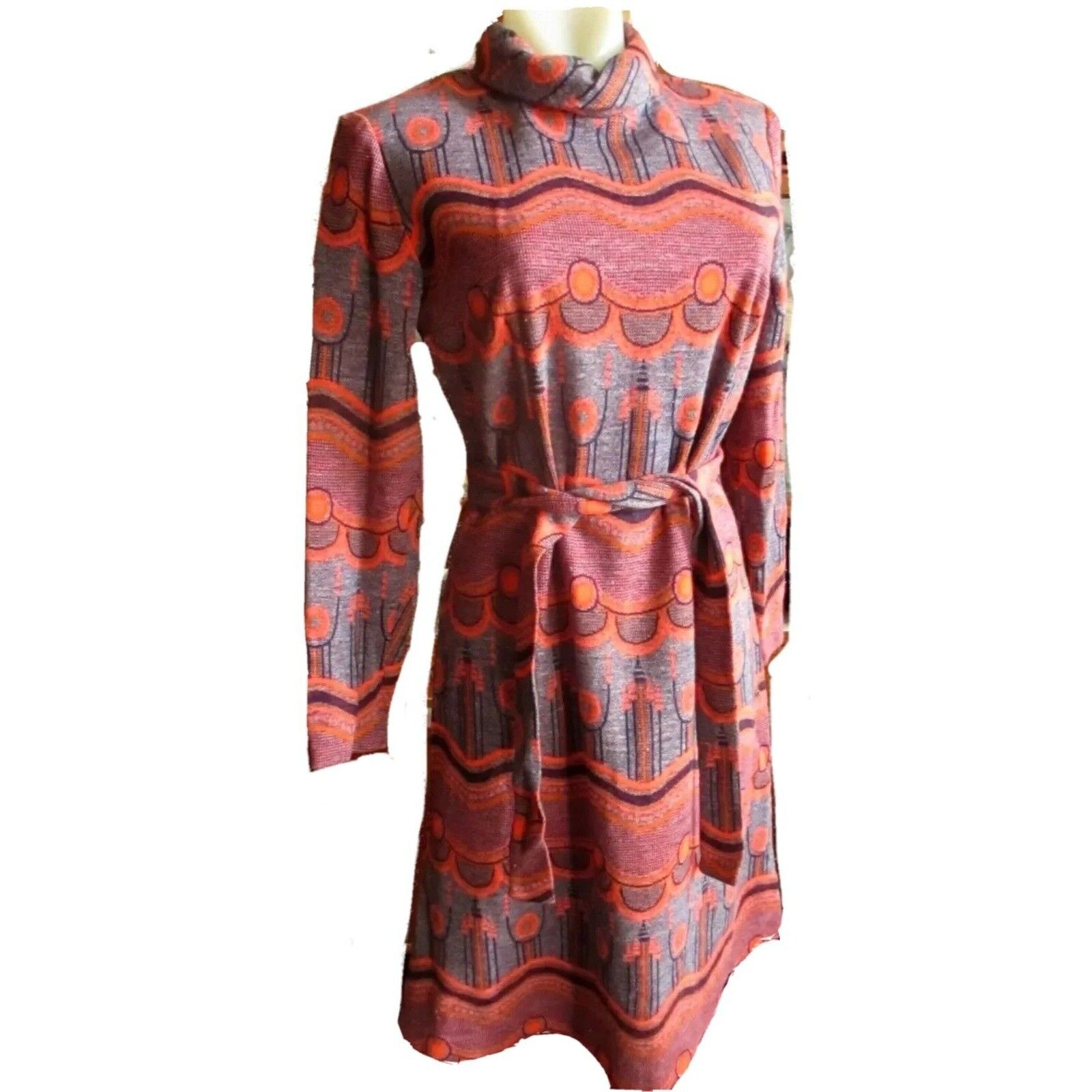 6/8 Vintage 1970\'s Women\'s Dress BELTED PINK/ORANGE WILD PRINT ACRYLIC Boho