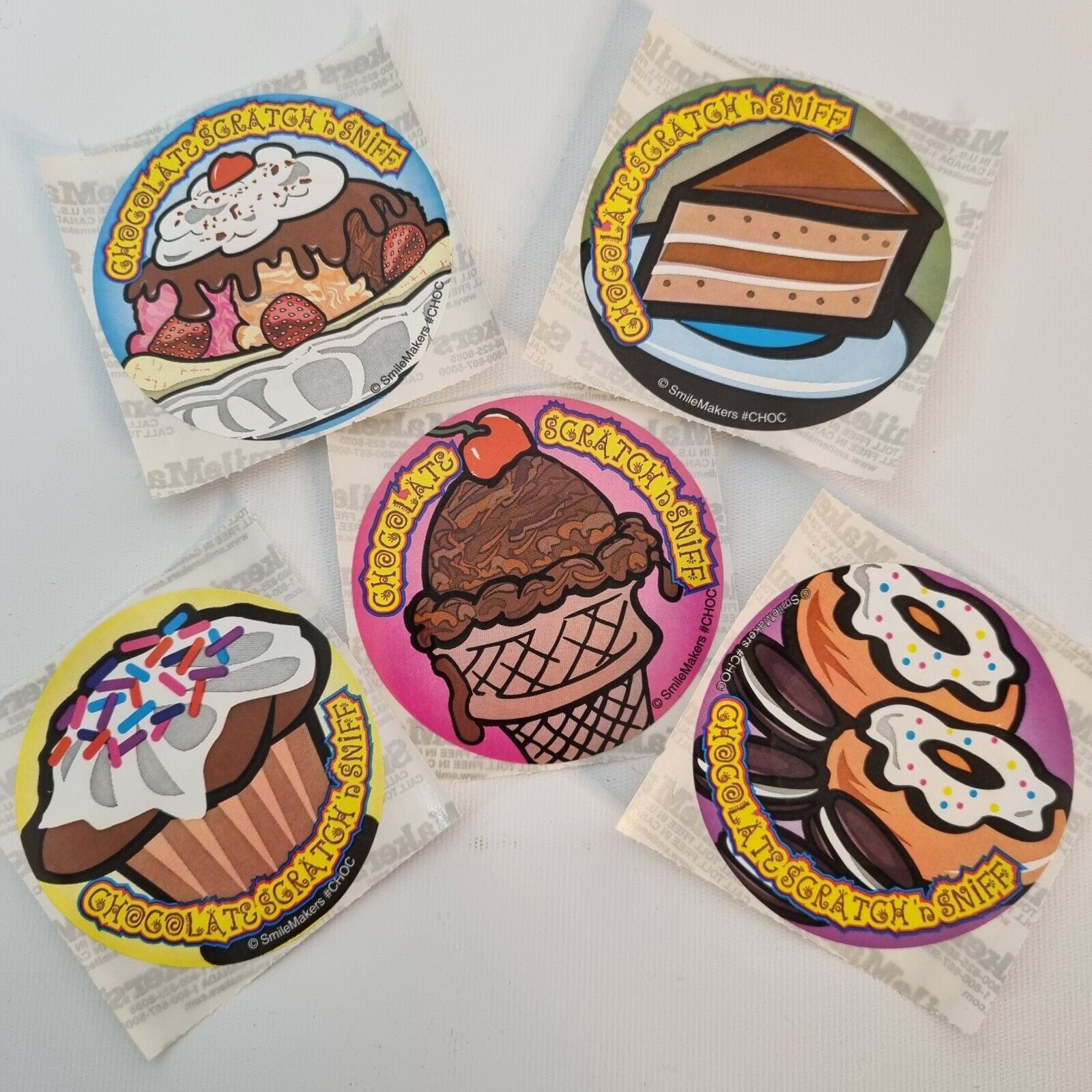 Set 5 Rare VTG Scratch & Sniff Smile Maker Stickers Dessert Cake Donut Ice Cream