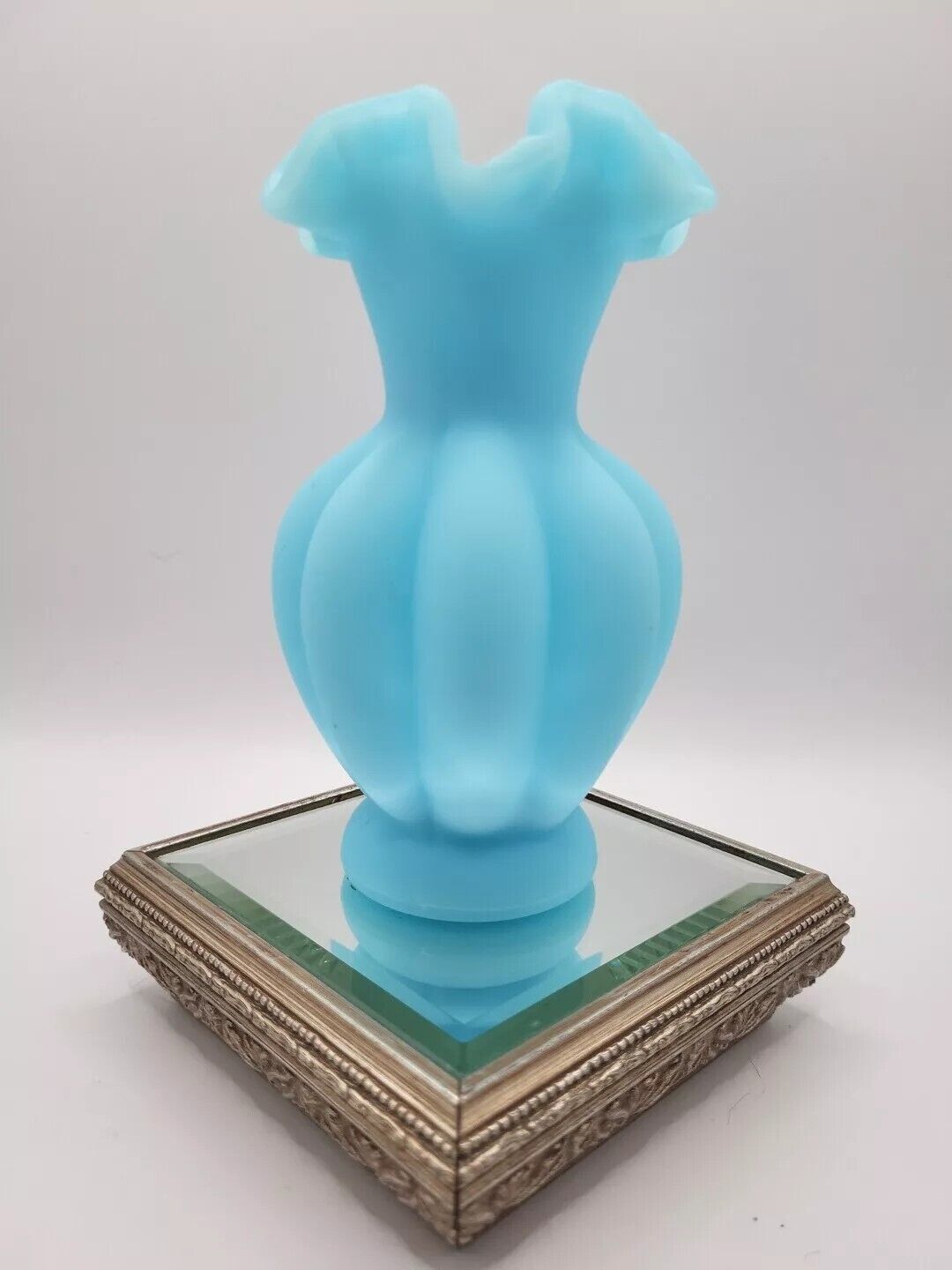 Vintage Fenton Blue Satin Glass Vase Ruffled Crimped Rim