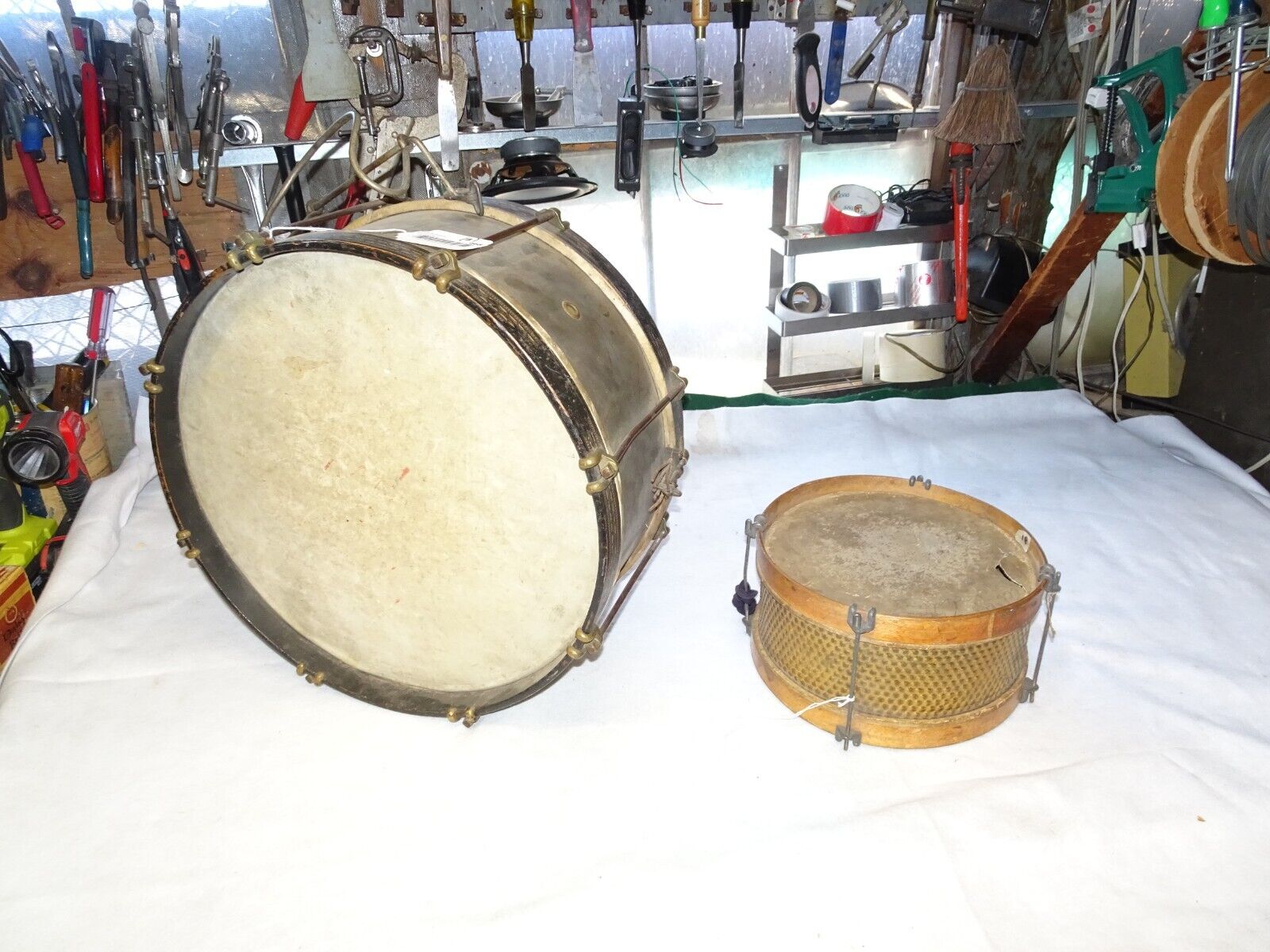 Early Tin And Wood Drum Ornate with special brace and snare bass drum parts
