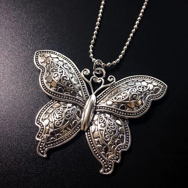 Vintage Silvery Butterfly Wings Pendant Chain Necklace Women\'s Gift Unique New
