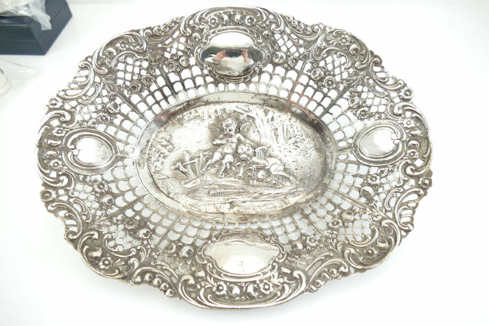 Fine Antique German Silver Basket Pierced Repousse Putti Frolick  ca1900  .800S
