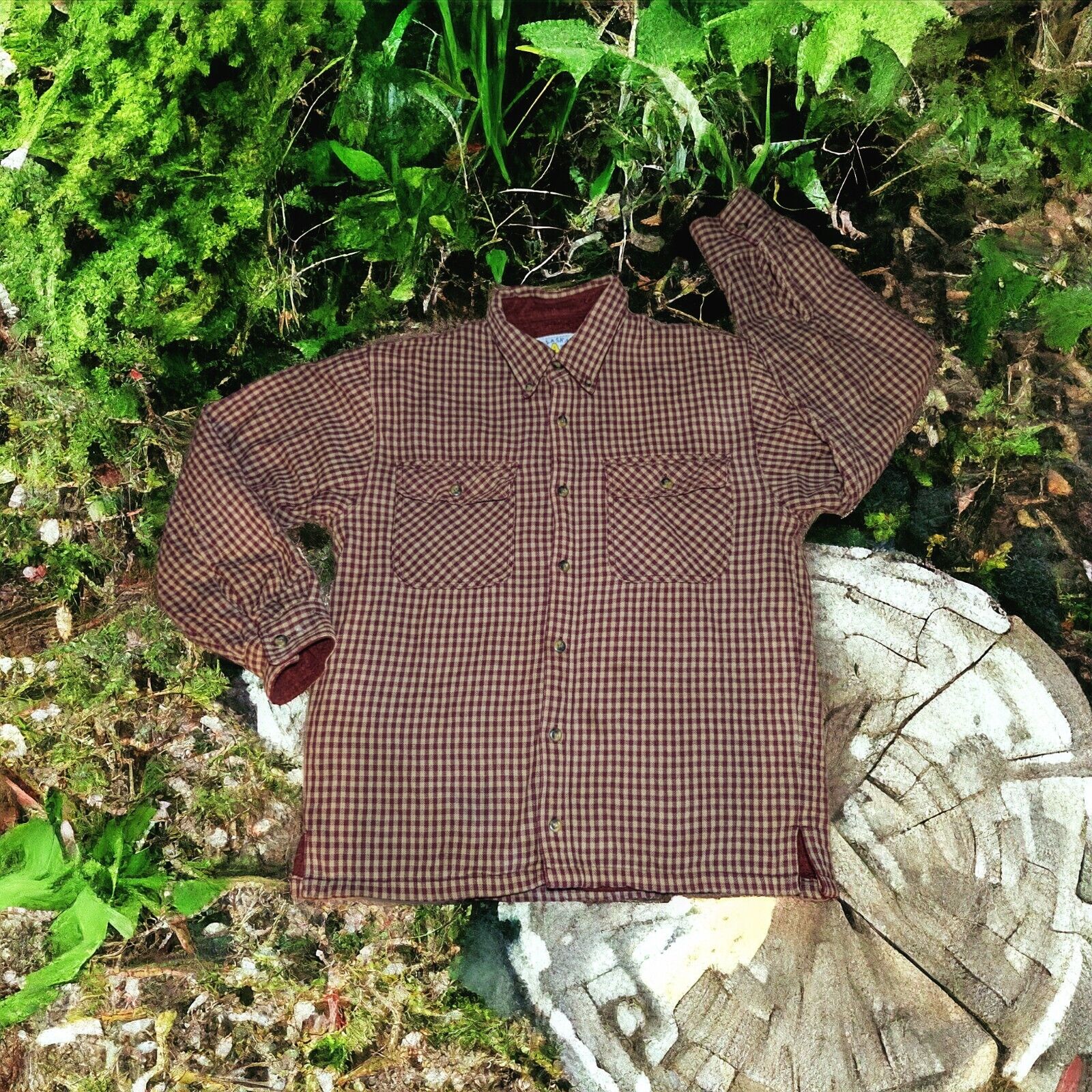 ALASKA WILDERNESS GEAR 1959 Mens Burgundy Plaid Flannel Button Up Shirt Sz Large