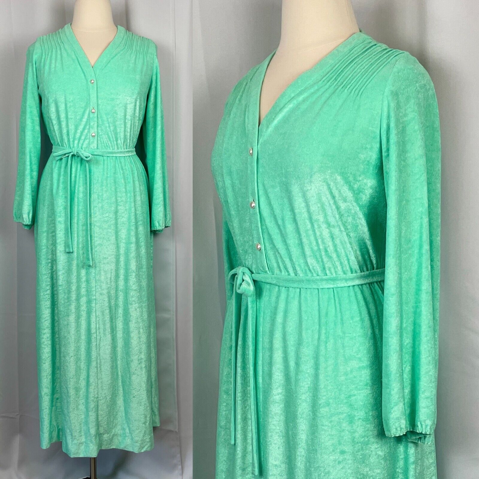 Vintage 70s Maxi Dress Womens Size Large Teal Green Long Sleeve Boho Retro