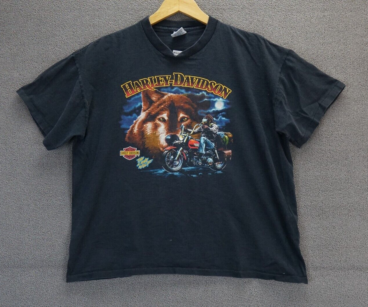 Vintage 80s Harley Davidson The Lone Wolf Biker Big Print Graphic T-Shirt XL