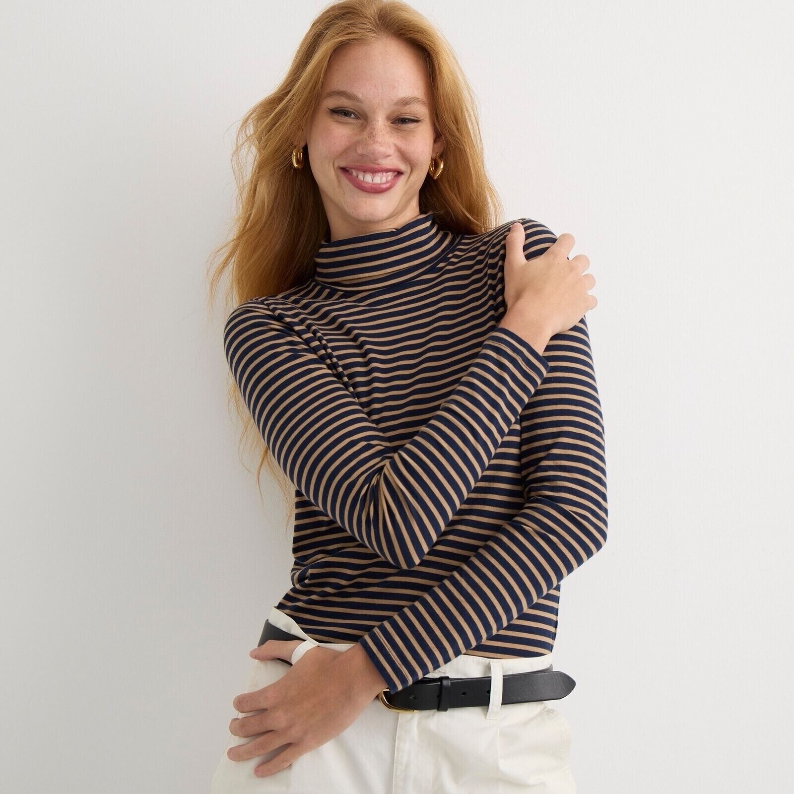 J Crew Classic Tissue Turtleneck Navy Beige Striped Pullover Long Sleeve Large 