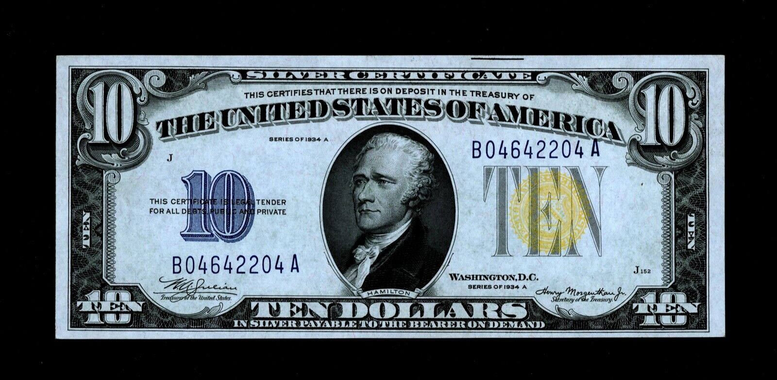 1934 A $10 ten dollar bill YELLOW SEAL NORTH AFRICA WWII SILVER CERTIFICATE UNC.