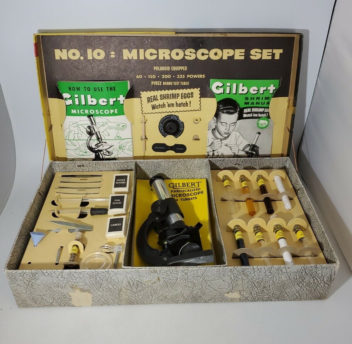 VINTAGE GILBERT MICROSCOPE SET NO 10 WITH POLAROID JUNIOR IN ORIGINAL BOX