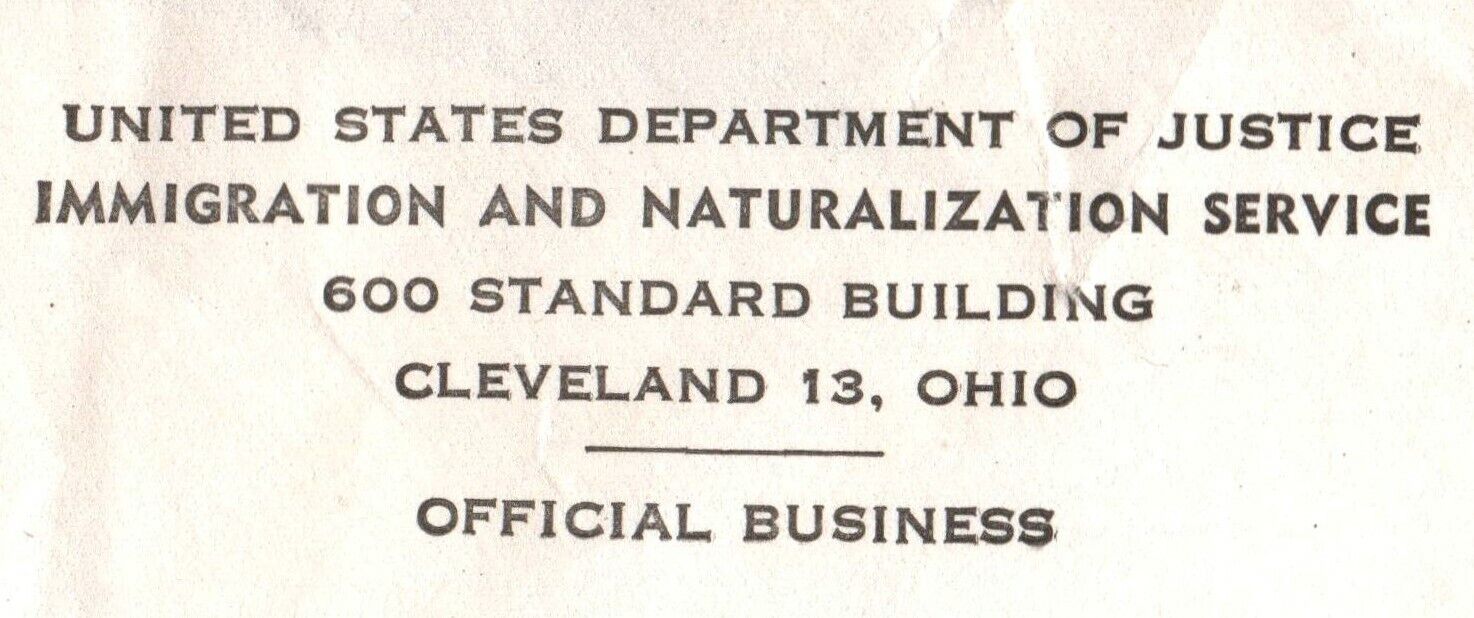 VINTAGE OFFICIAL STATIONERY IMMIGRATION AND NATURALIZATION SERVICE CLEVELAND OH
